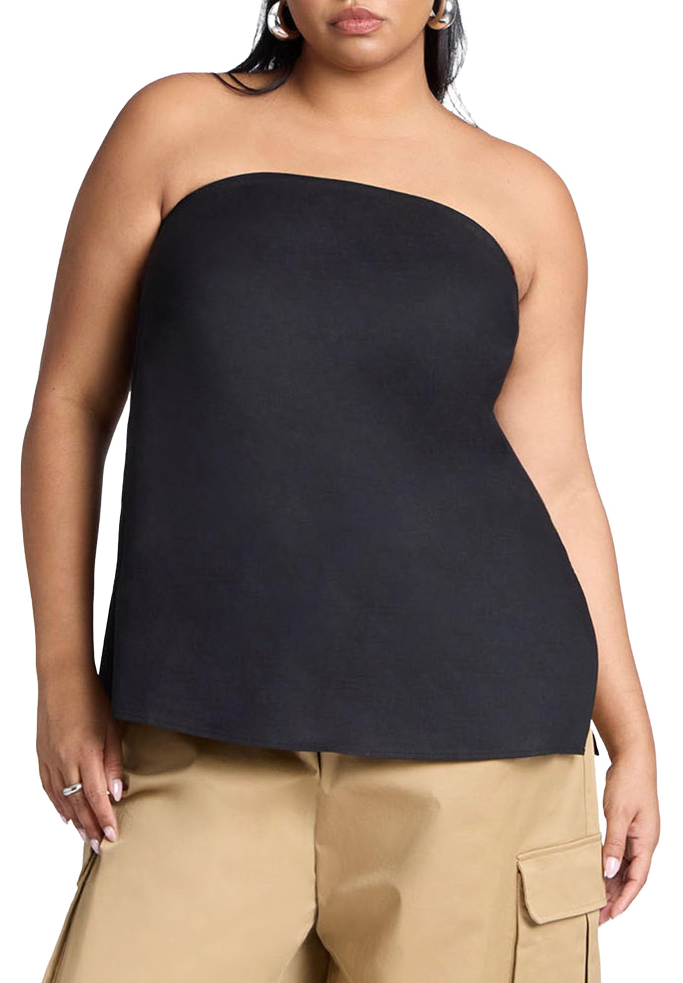 ELOQUII Women's Plus Size Linen Blend Column Tube Top - 22, Black