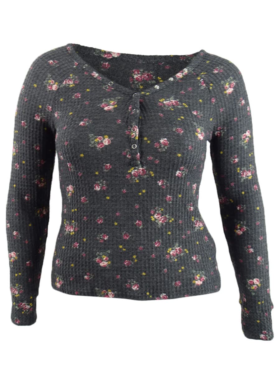 Ultra Flirt Junior Womens Floral Print Waffle Texture Henley Top Black Floral Size Large