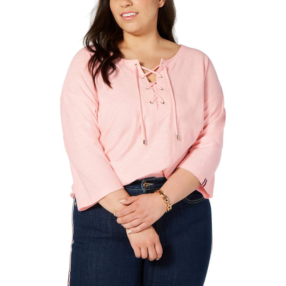 Tommy Hilfiger Womens Plus Lace-Up Three-Quarter Sleeve Pullover Top Pink 3X