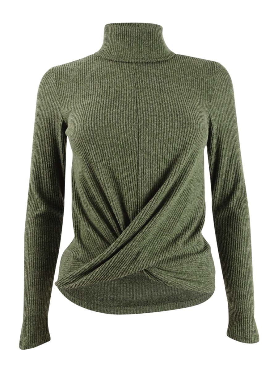 CRAVE FAME Juniors' Cozy Twist-Front Turtleneck Top Olive Small