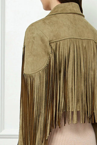 Trendsi - Veveret Suede Fringe Long Sleeve Moto Jacket