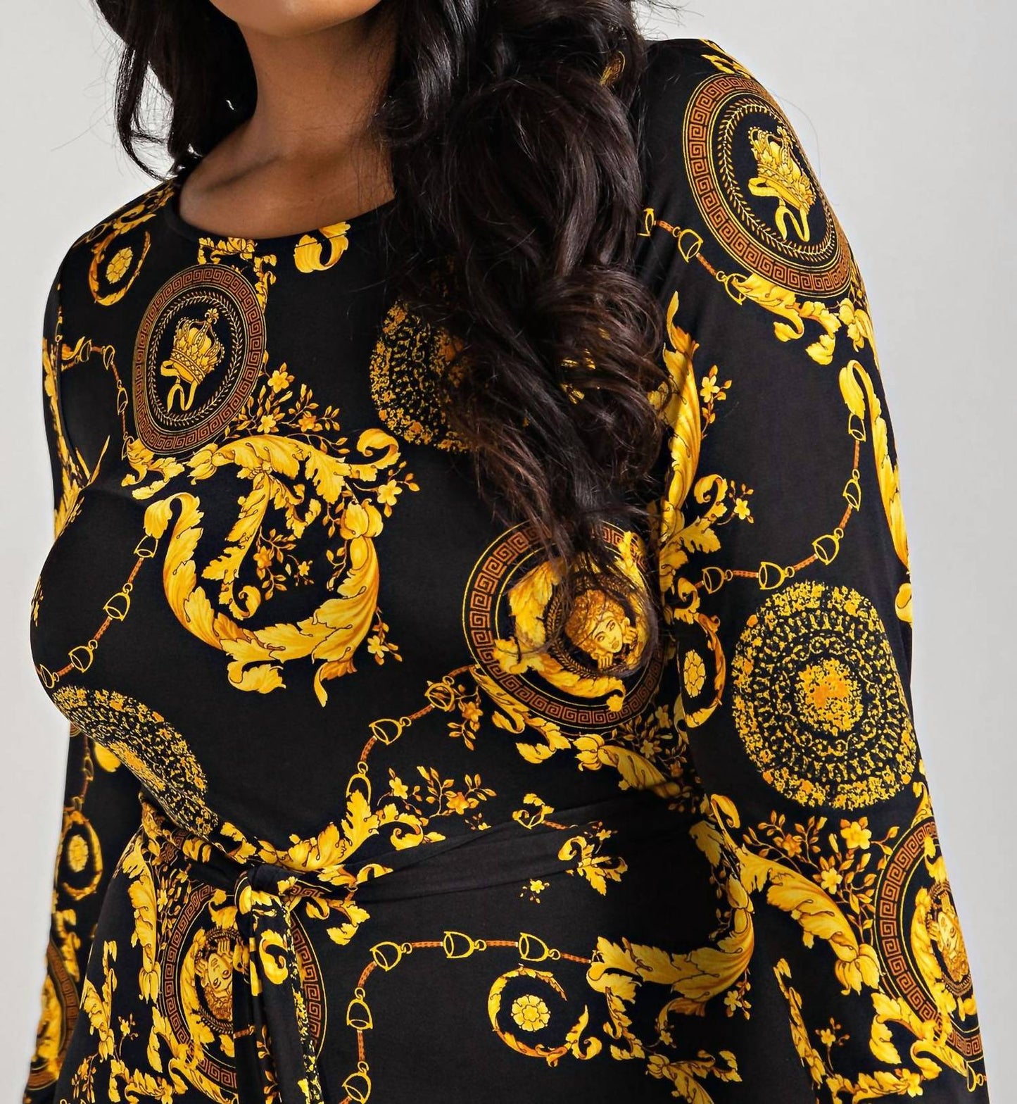 The Curve La - Plus Size Long Sleeve Midi Dress With Tie Belt