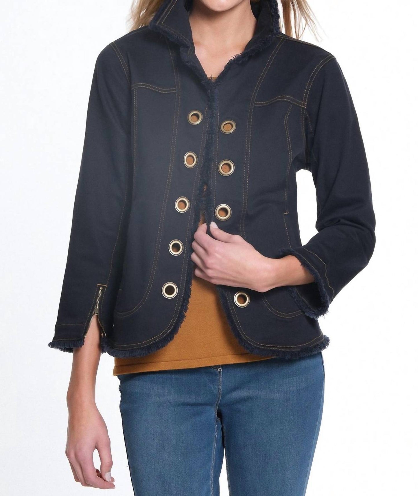 Multiples - Zip Cuff 3/4 Sleeve Open Front Fringed Jean Jacket w/ Grommets