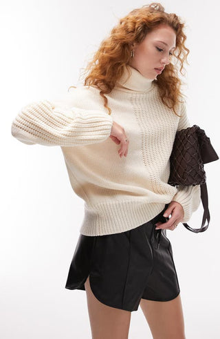 Topshop Oversize Mixed Stitch Turtleneck Sweater in Cream at Nordstrom, Size X-Small