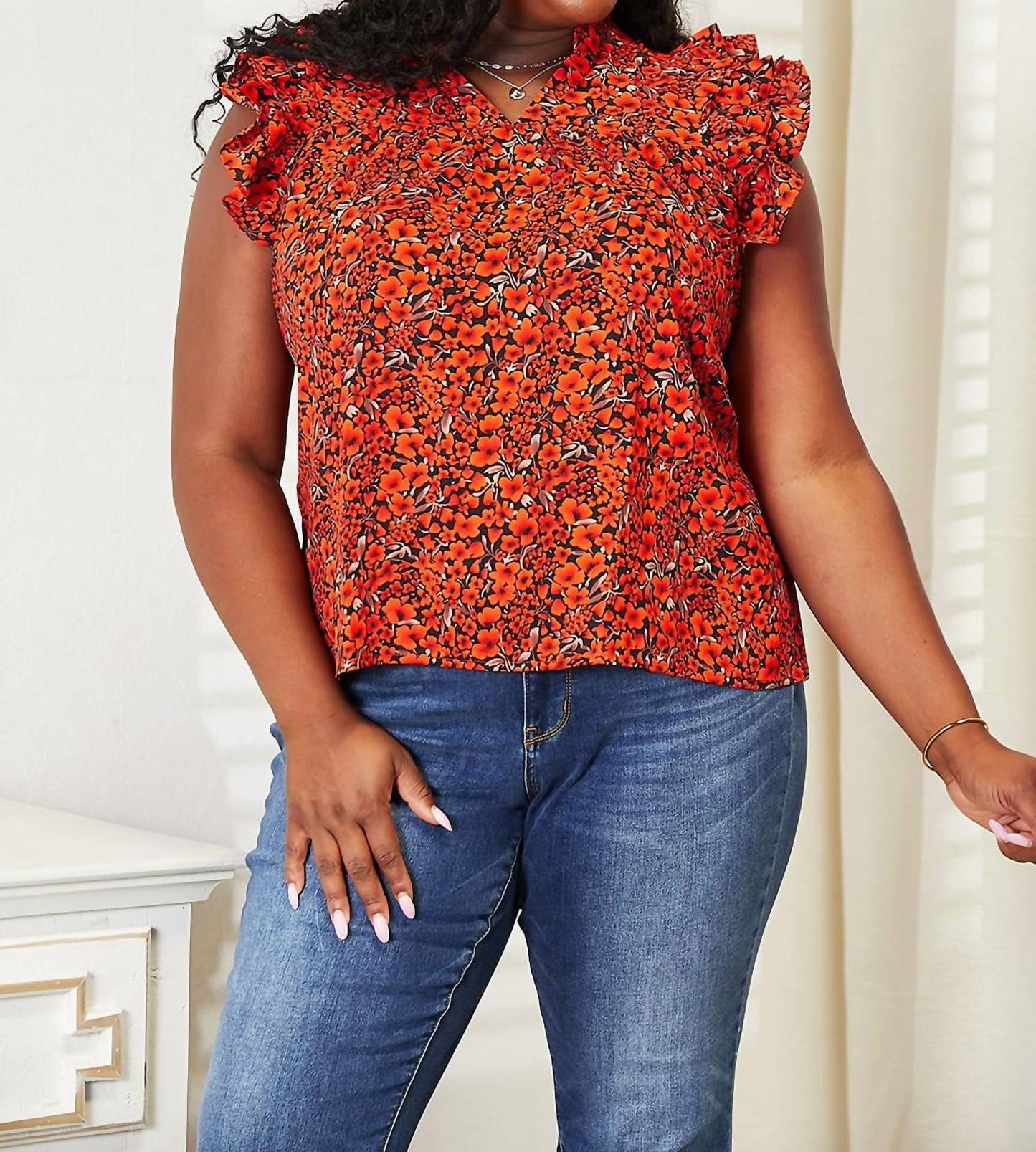 Double Take - Floral Flutter Sleeve Notched Neck Blouse