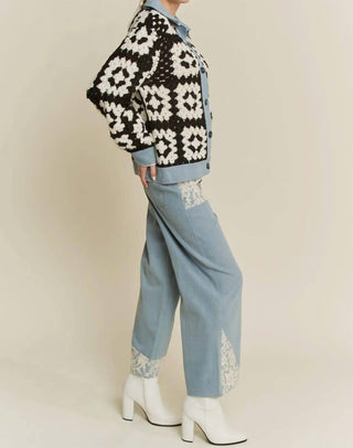 Davi & Dani - Crochet Bodice & Denim Detail Button Front Shirt Jacket