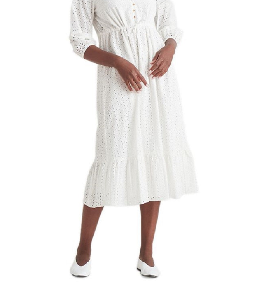 Black Tape Women's Buttoned Eyelet Midi Dress White Size Medium