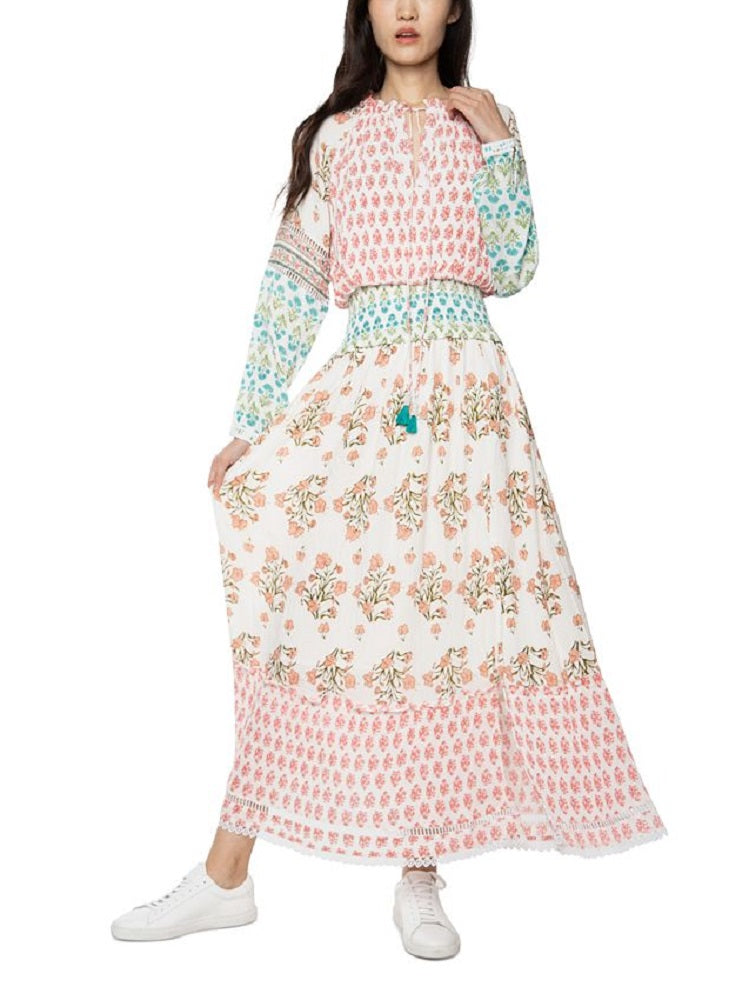 Black Tape Women's Mixed Print Smocked Waist Maxi Dress White Size Medium