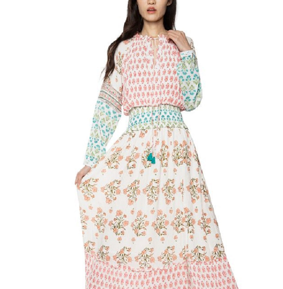 Black Tape Women's Mixed Print Smocked Waist Maxi Dress White Size Medium