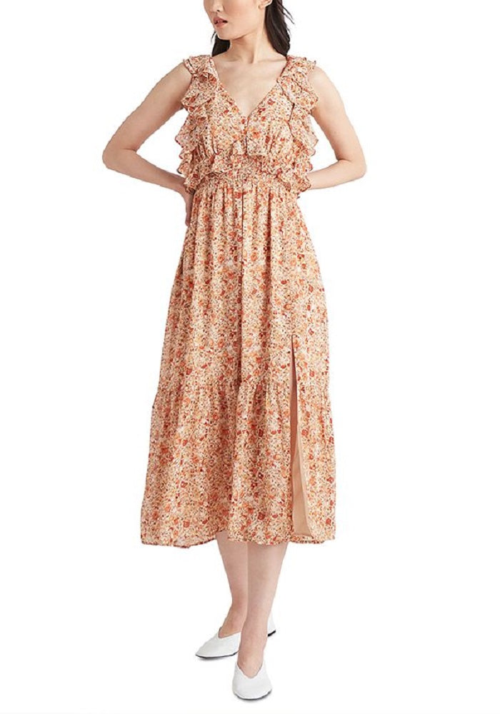 Black Tape Women's Printed Tie Back Ruffled Maxi Dress Orange Size X-Small