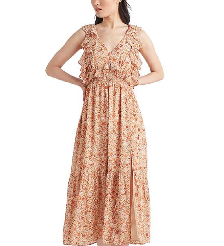 Black Tape Women's Printed Tie Back Ruffled Maxi Dress Orange Size X-Small