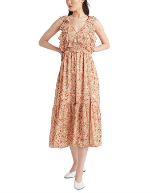 Black Tape Women's Printed Tie Back Ruffled Maxi Dress Orange Size Small