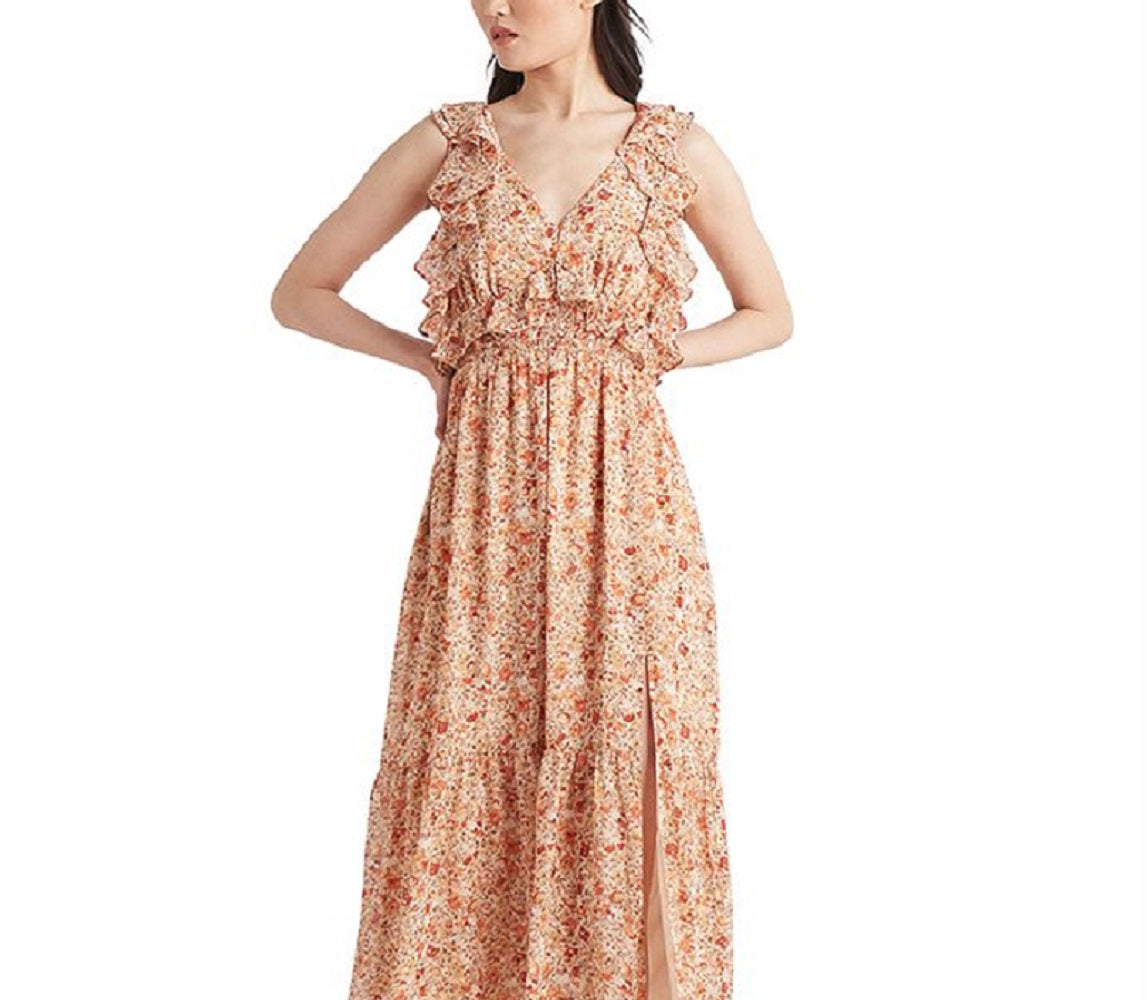 Black Tape Women's Printed Tie Back Ruffled Maxi Dress Orange Size Small