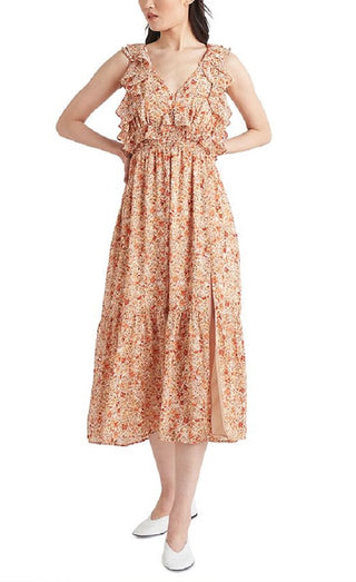 Black Tape Women's Printed Tie Back Ruffled Maxi Dress Orange Size X-Large