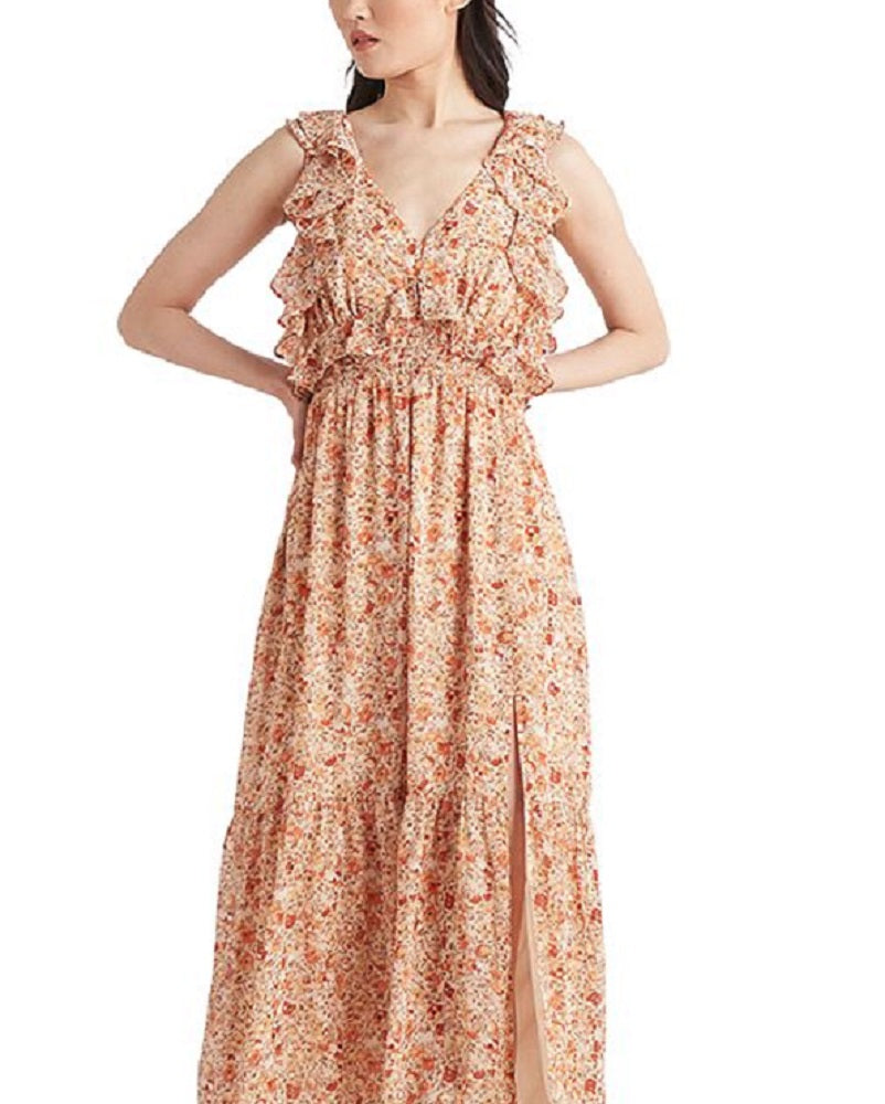 Black Tape Women's Printed Tie Back Ruffled Maxi Dress Orange Size X-Large