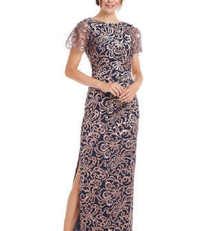 JS Collections Women's Flutter Sleeve Embroidered Gown Pink Size 6