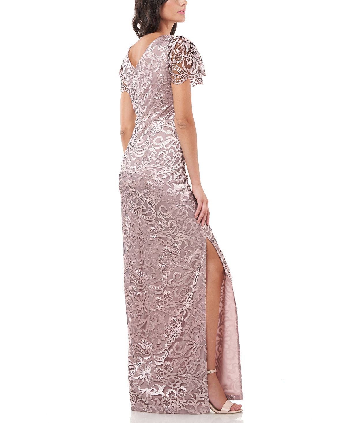 JS Collections Women's Flutter Sleeve Embroidered Gown Pink Size 16