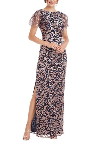 JS Collections Women's Pleated Zippered Flutter Sleeve Jewel Neck Full Length Evening Gown Dress Red Size 6