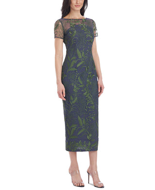 JS Collections Women's Embroidered Mesh Midi Dress Green Size 10