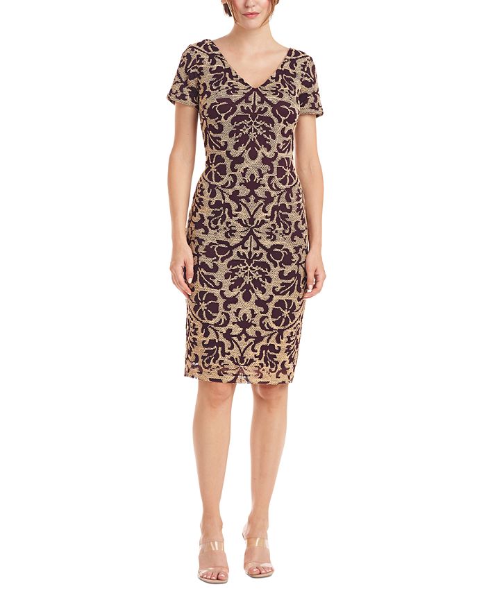 JS Collections Women's Nadia V Neck Embroidered Mesh Cocktail Dress Yellow Size 4