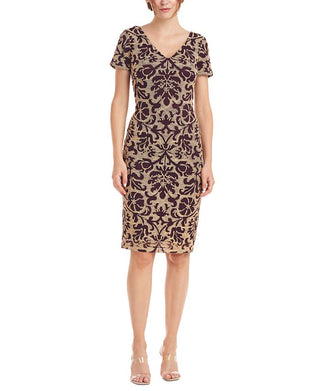 JS Collections Women's Nadia V Neck Embroidered Mesh Cocktail Dress Yellow Size 4