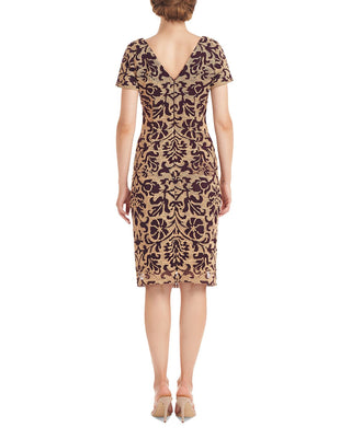 JS Collections Women's Nadia V Neck Embroidered Mesh Cocktail Dress Yellow Size 4