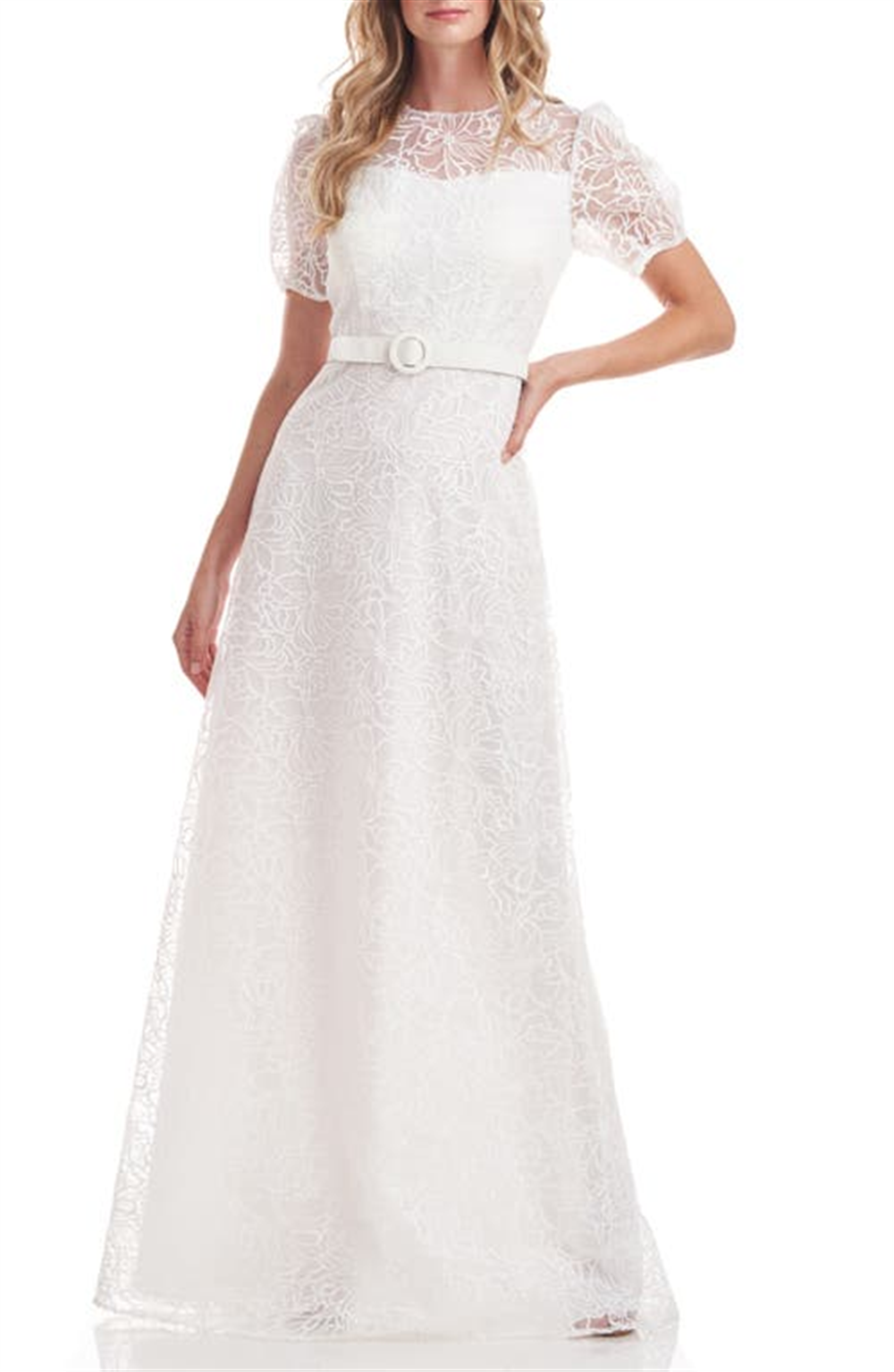 Kay Unger Women's White Wynonna Belted Illusion Lace Gown Size 2