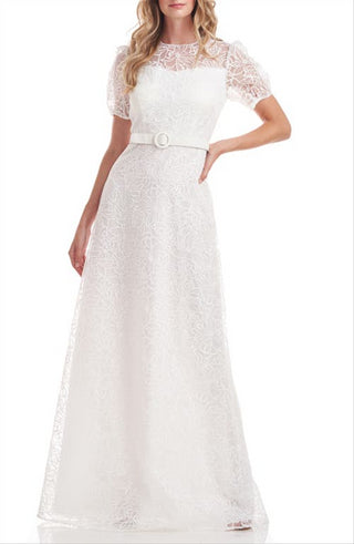 Kay Unger Women's White Wynonna Belted Illusion Lace Gown Size 2