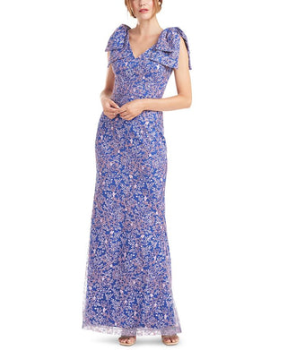 JS Collections Women's Kamila Embroidered Floral Trumpet Gown Blue Size 16