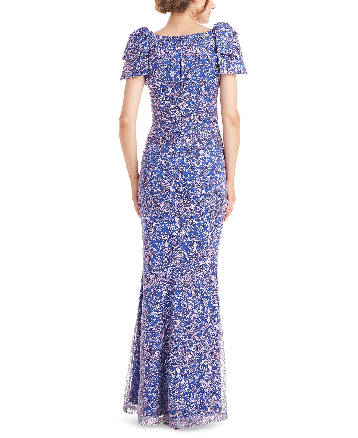 JS Collections Women's Kamila Embroidered Floral Trumpet Gown Blue Size 16