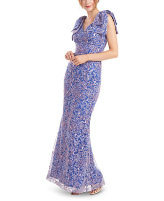 JS Collections Women's Kamila Embroidered Floral Trumpet Gown Blue Size 16