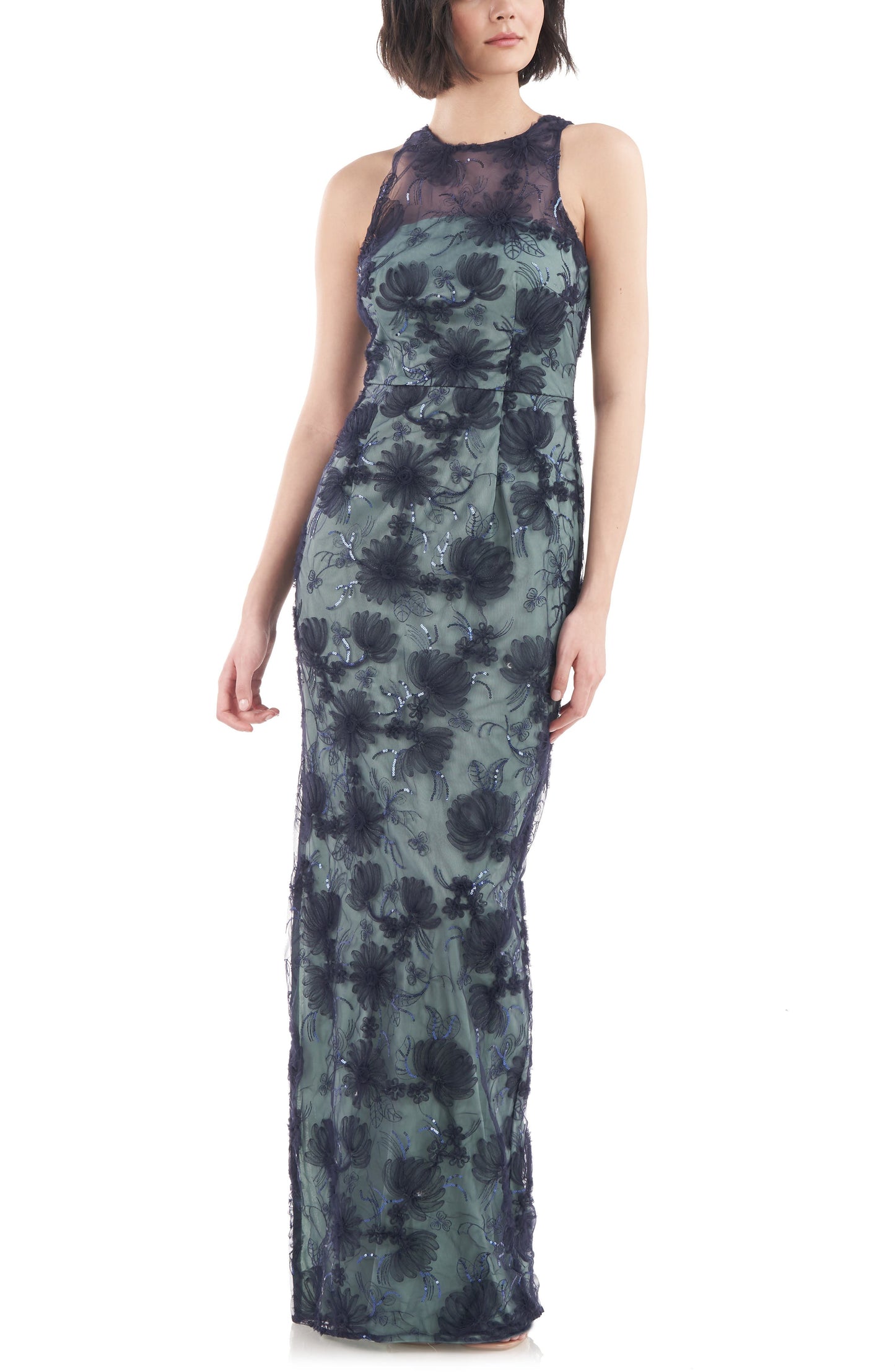 JS Collections Women's Sequin Floral Column Gown Blue Size 14