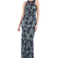 JS Collections Women's Embroidered Mesh Sequined Gown Blue Size 16