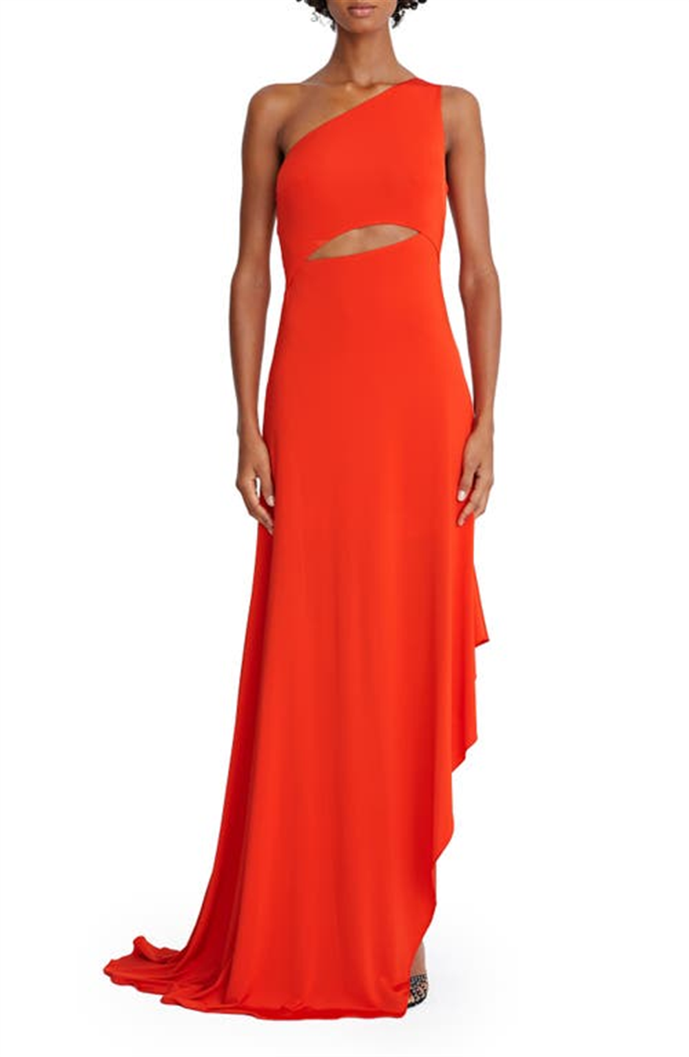 Halston Jersey Cascade Slit Gown, Size 4, Vermillion