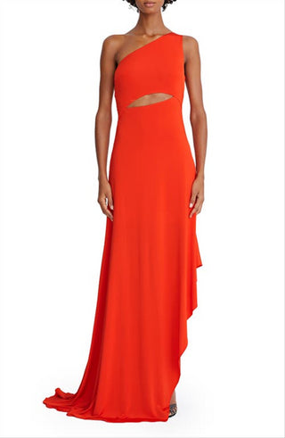 Halston Jersey Cascade Slit Gown, Size 4, Vermillion