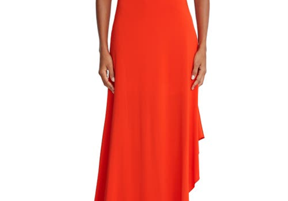 Halston Jersey Cascade Slit Gown, Size 4, Vermillion