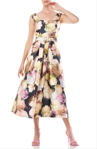 Kay Unger Perry Size 4 Floral Midi Dress in Marigold