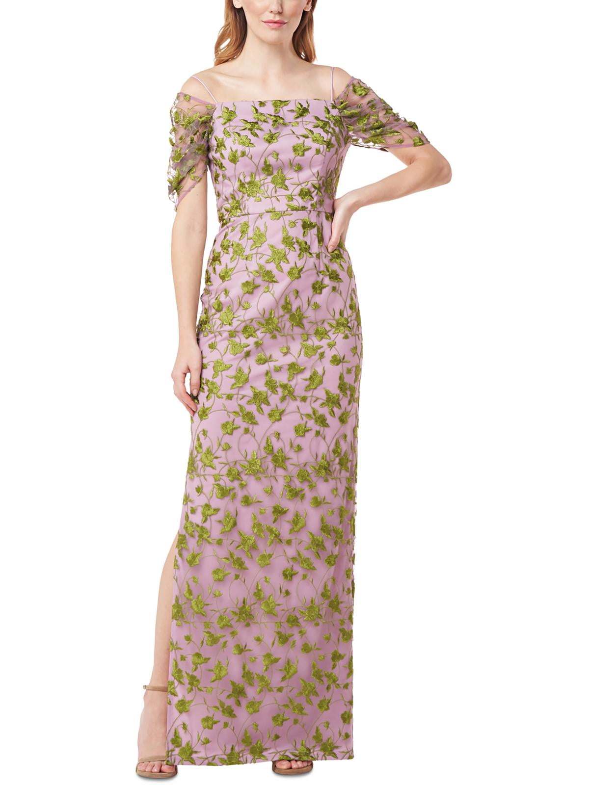 Js Collections Jemma Embroidered Cold Shoulder Column Gown In Amethyst/Chartreuse Size 2