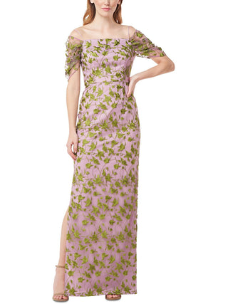 Js Collections Jemma Embroidered Cold Shoulder Column Gown In Amethyst/Chartreuse Size 2