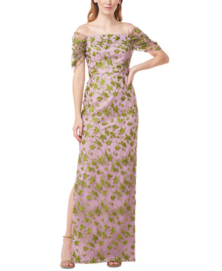 Js Collections Jemma Embroidered Cold Shoulder Column Gown In Amethyst/Chartreuse Size 2