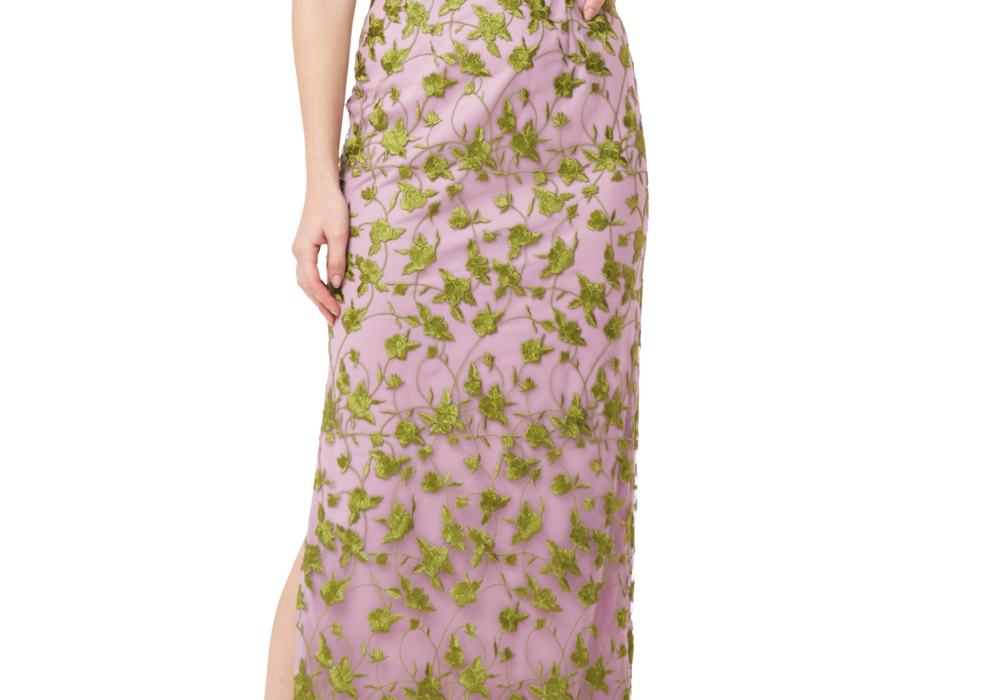 Js Collections Jemma Embroidered Cold Shoulder Column Gown In Amethyst/Chartreuse Size 2