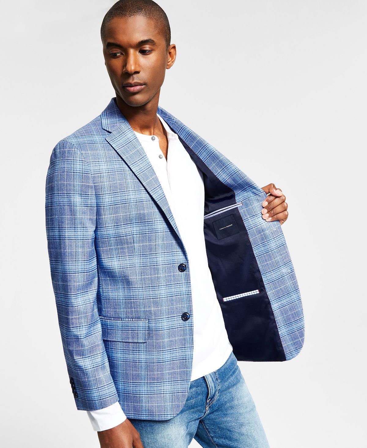 Tommy Hilfiger Men's Modern Fit Blue Plaid Blazer Blue Size 42