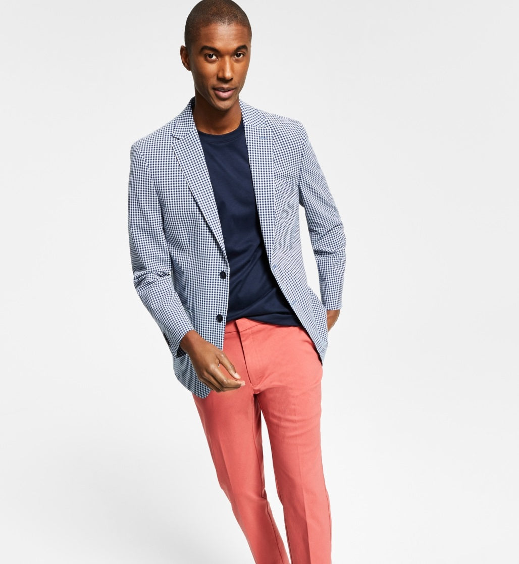 Tommy Hilfiger Men's Modern Fit Stretch Seersucker Check Blazer Blue Size 44