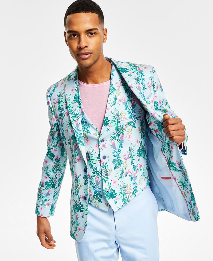 Bar III Men's Slim Fit Floral Print Suit Jacket Blue Size 38