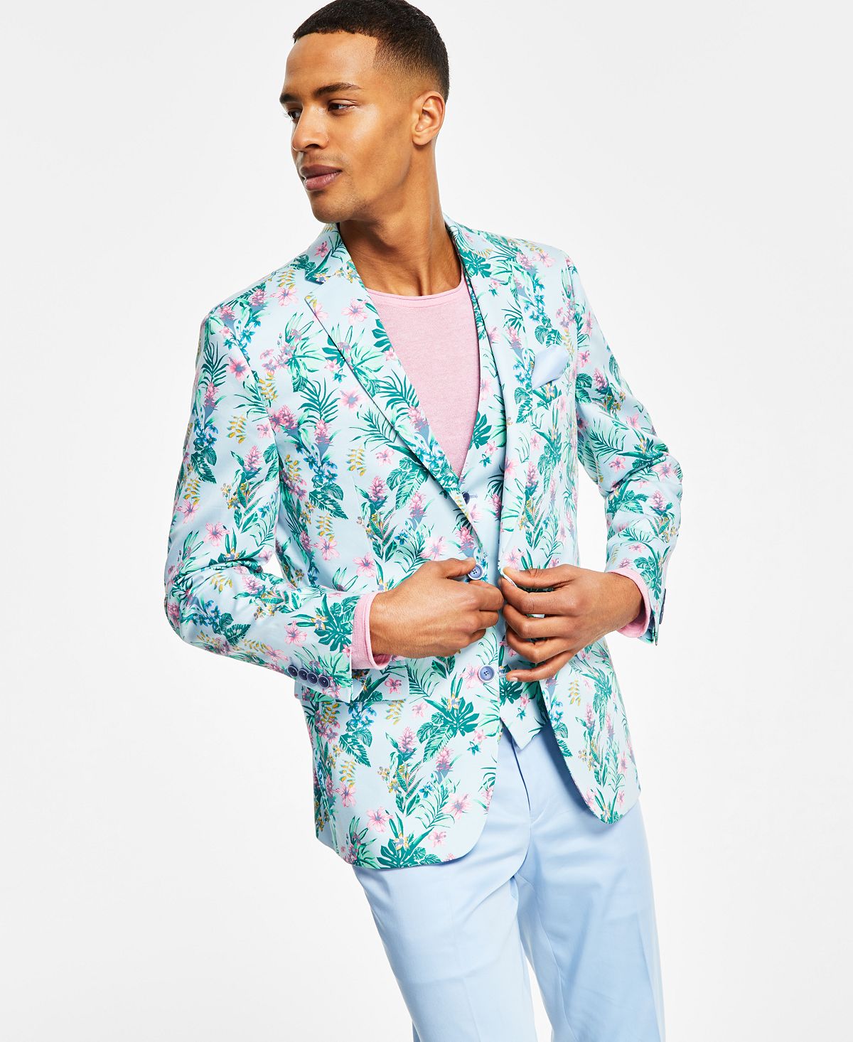 Bar III Men's Slim Fit Floral Print Suit Jacket Blue Size 38