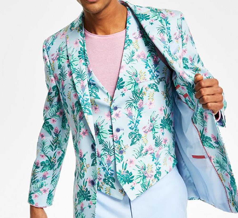 Bar III Men's Slim Fit Floral Print Suit Jacket Blue Size 38