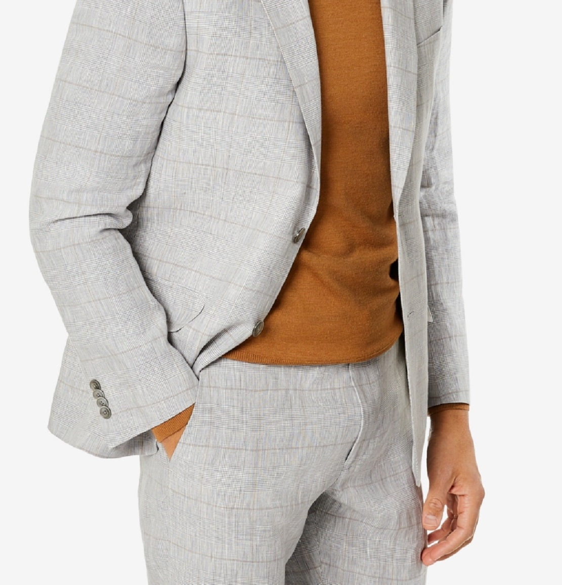 Tommy Hilfiger Men's Modern Fit Flex Stretch Plaid Linen Suit Jacket Gray Size 44