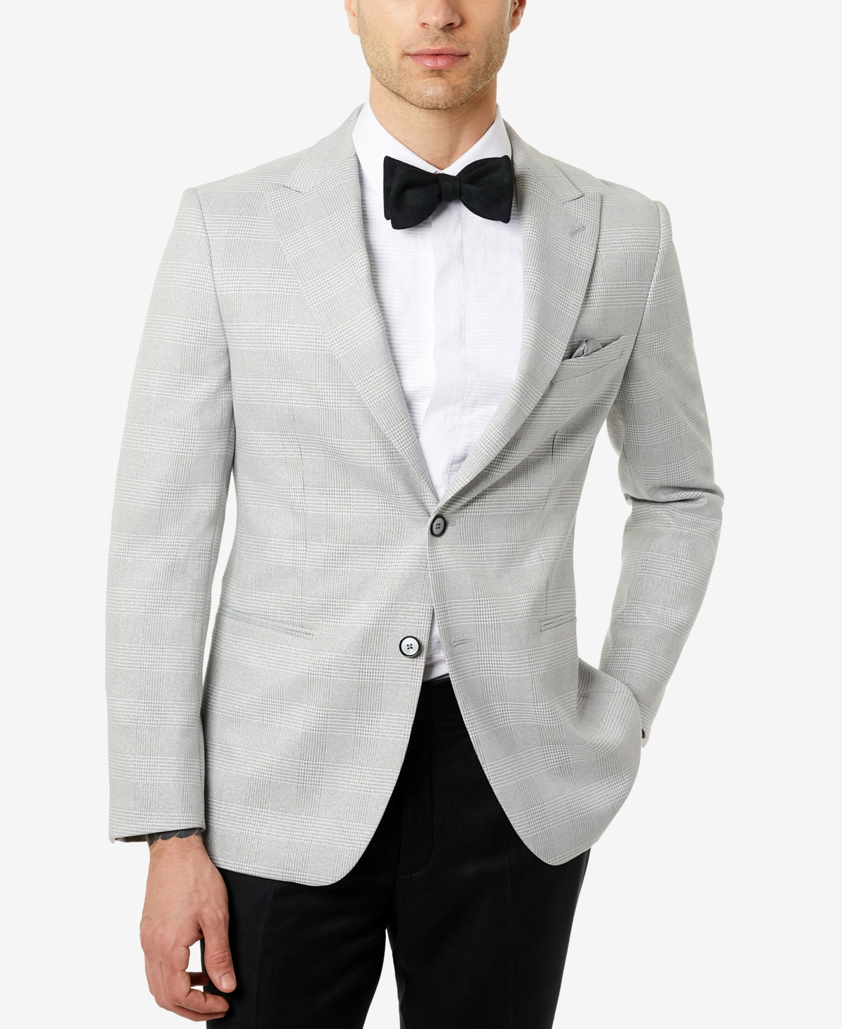 Tallia Men's Slim Fit Cream Metallic Plaid Evening Jacket Gray Size 38