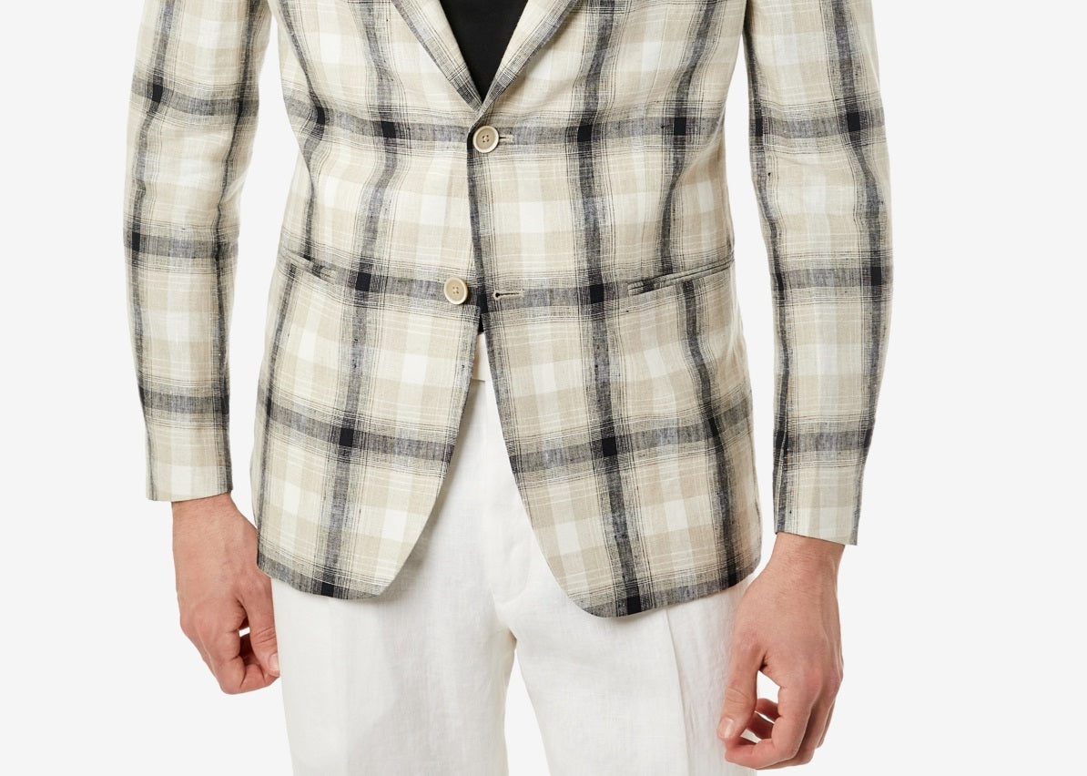 Tallia Men's Slim Fit Plaid Linen Blazer Beige Size 38
