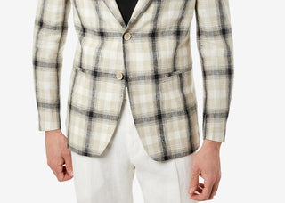 Tallia Men's Slim Fit Plaid Linen Blazer Beige Size 38